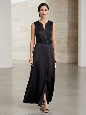 Talbots Black Sleeveless Satin Maxi Dress with Belt